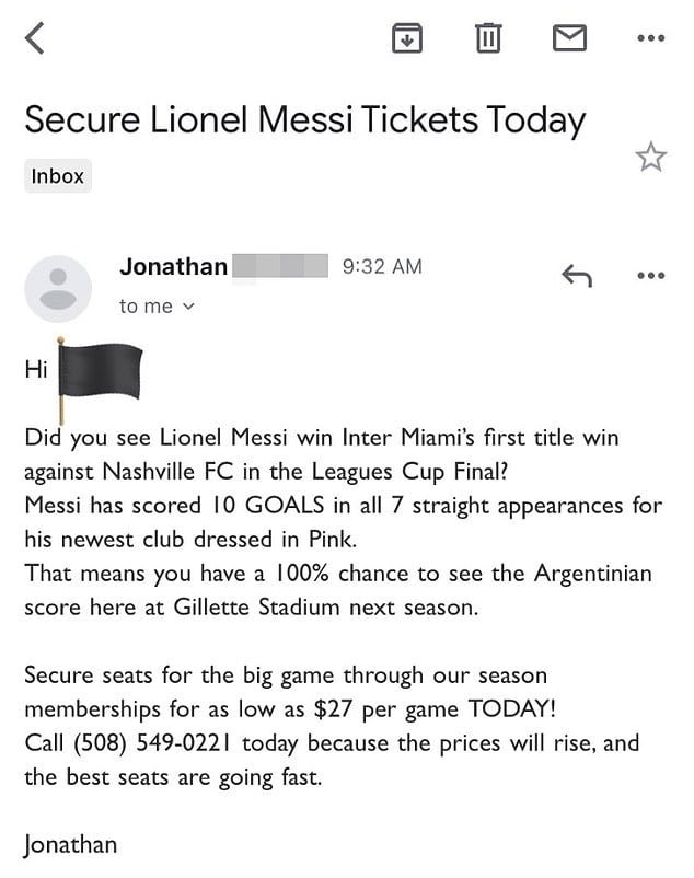 New England Revolution apologize to fans after staffer sends email… claiming they have a ‘100% chance’ to see Lionel Messi score against their team!