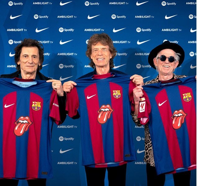 Rolling Stones Makes Unusual Agreement with Barcelona for Placement of Iconic Logo on Team’s El Clasico Kit – Mick Jagger, Keith Richards, and Ronnie Wood Stand United with Red and Blue Strip