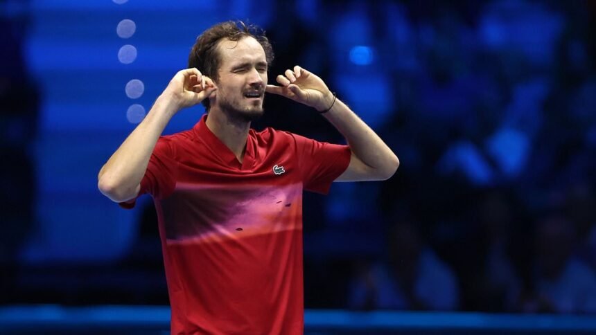 Daniil Medvedev sticks his fingers in his ears and claims he is ‘blocking out the noise’ as he seals victory against Alex De Minaur following huge ATP Finals on-court meltdown